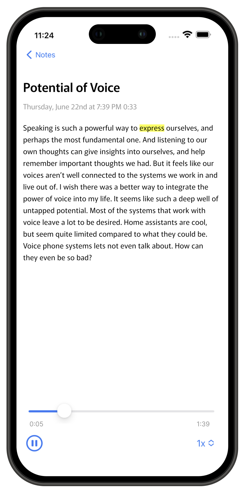 A picture of the Glow Notes iPhone App showing the note playback